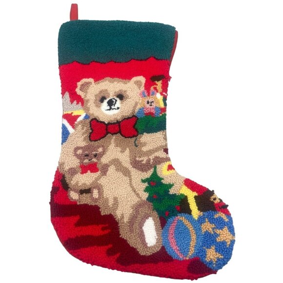 Christmas stocking brown bear balls tree bow red green 17" yarn felt READ - Picture 1 of 6